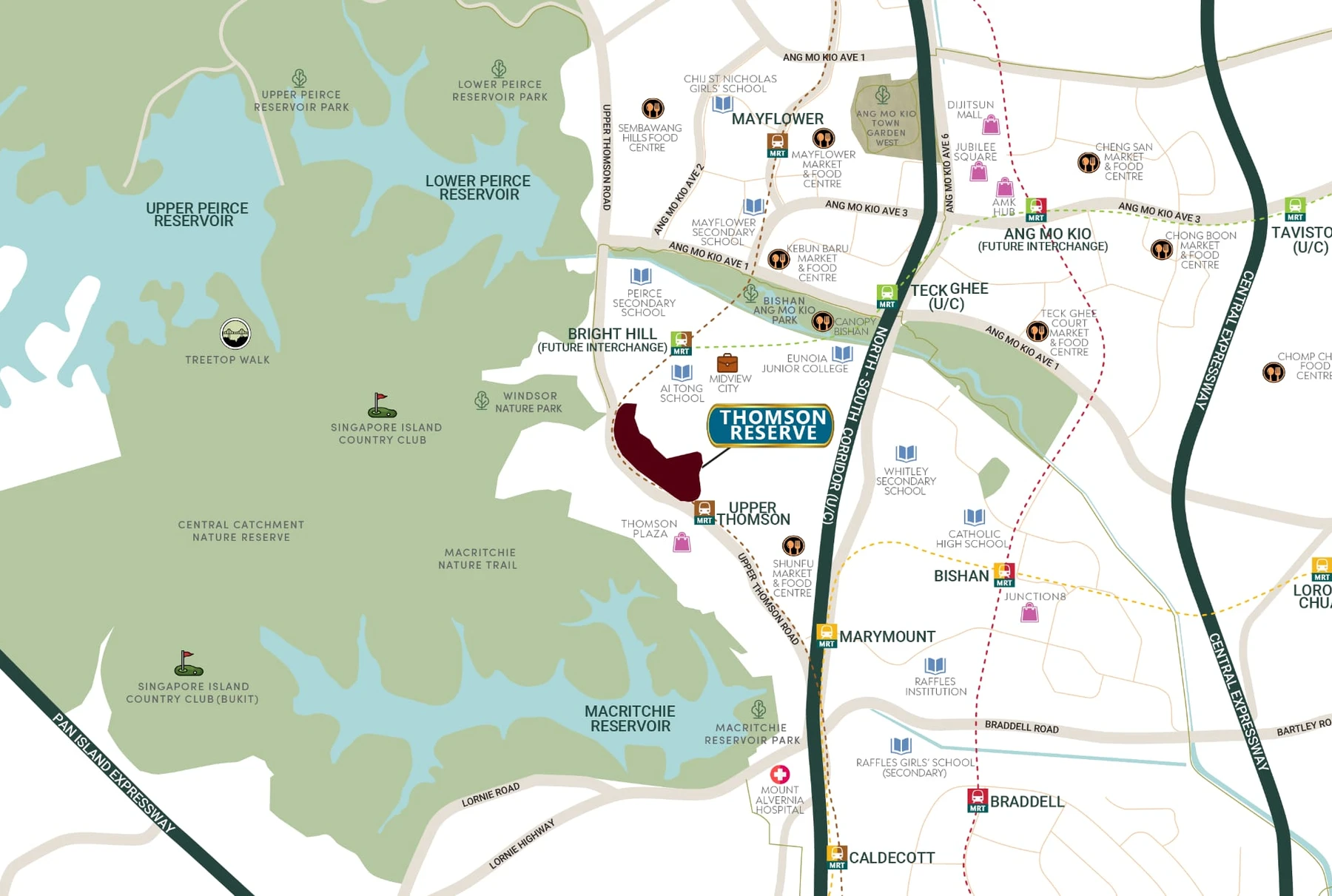 Location map showing Thomson Reserve with nearby MRT stations, schools, parks and shopping